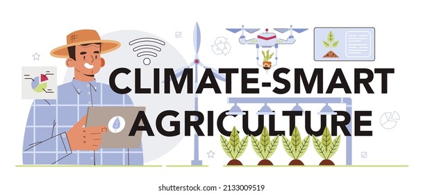 Climate-smart agriculture typographic header. Farm worker growing plants and feeding animals with climate-smart technologies. Smart farming and animal husbandry business. Flat vector illustration