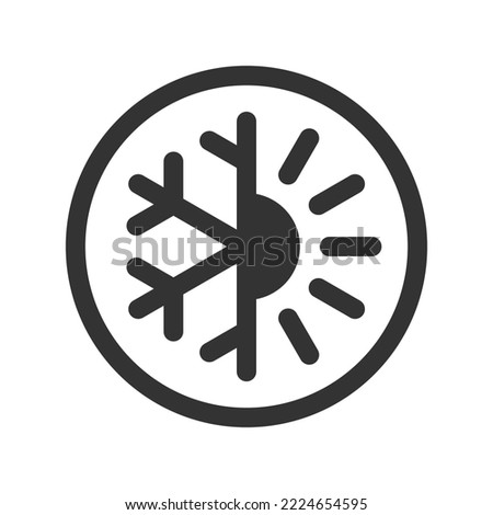 Climatic badge.  Warmth and cold graphic symbol. Sun and snowflake sign in the circle isolated on white background. Vector illustration