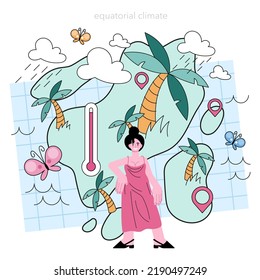 Climatologist concept. Studying factors that influence weather and the environment. Observation, analysis and modelling equatorial climate. Flat vector illustration