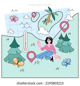 Climatologist concept. Studying factors that influence weather and the environment. Observation, analysis and modelling equatorial climate. Flat vector illustration