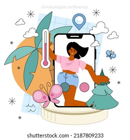 Climatologist online service or platform. Studying factors that influence the environment. Observation and analysis climate zones. Online conference. Flat vector illustration