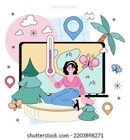 Climatologist online service or platform. Studying factors that influence the environment. Observation and analysis climate zones. Online forum. Flat vector illustration