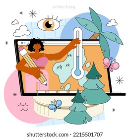 Climatologist online service or platform. Studying factors that influence the environment. Observation and analysis climate zones. Online blog. Flat vector illustration