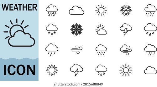 Climatology icons representing sun, clouds, rain and snow for seasonal atmospheric weather icons.