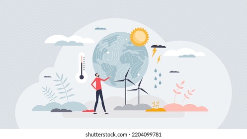 Climatology as knowledge about climate and weather tiny person concept. Atmosphere patterns analyze and research with temperature, pressure, and precipitation condition measurement vector illustration