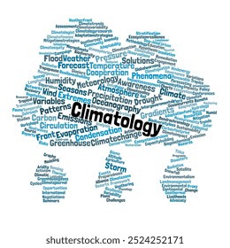 Climatology Word Cloud. Composition of Words Related to Climate Science, Weather Patterns, and Environmental Changes. Isolated Background.