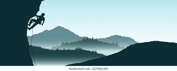 Climb adventure hobby vector illustration for logo - Black silhouette of a climber on a cliff rock with blue misty fog mountains landscape in the morning as a background
