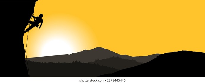 Climb adventure hobby vector illustration for logo - Black silhouette of a climber on a cliff rock with mountains landscape and sunset sunrise as a background