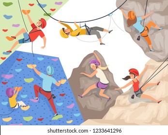 Climb characters. Extreme sport cliff wall rocks and stones big rocky hills and mountains explore vector sportsmen male and female