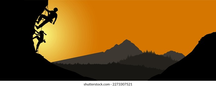 Climb climbers adventure hobby vector illustration for logo - Black silhouette of a climber woman and man on a cliff rock with mountains landscape and sunset sunrise as a background