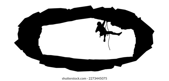 Climb climbers adventure hobby vector illustration for logo - Black silhouette of a ellipse frame and climber on a cliff rock 