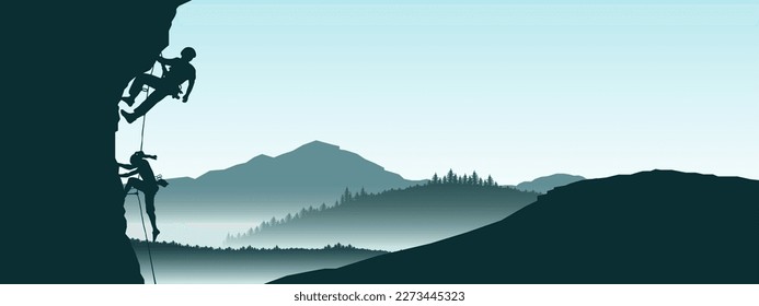 Escaladora escaladora aventura hobby vectorial ilustración para logo - Silueta negra de una mujer escaladora y hombre en una roca acantilado con niebla azul paisaje de montañas en la mañana como fondo