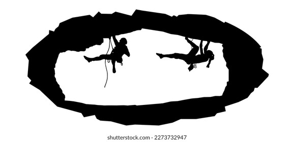 Climb climbers adventure hobby vector illustration for logo - Black silhouette of a ellipse frame and climber woman and man on a cliff rock 