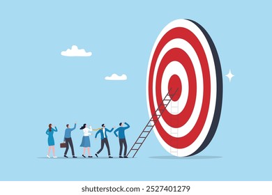 Climb corporate ladder to achieve career target, stair to reach work success, employee career path winning steps or achievement concept, business people employee queue to climb ladder to reach target.