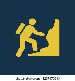 climb icon, climber symbol. Flat vector sign isolated on blue background. Simple vector illustration for graphic and web design.