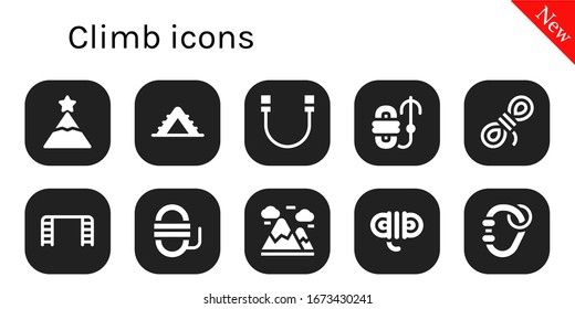 climb icon set. 10 filled climb icons.  Simple modern icons such as: Peak, Ladder, Rope, Mountains, Carabiner