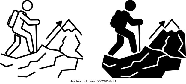 Climb Icons. Black and White Vector Icons. Mountaineer Climbing Hard-to-reach Mountain. Sports and Active Leisure. Adventure and Tourism Concept