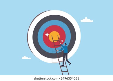 Climb up ladder to reach target or goal, aspiration to success, growth or aiming to achieve target, objective or purpose, motivation to winning concept, businessman climbing ladder to business goal.