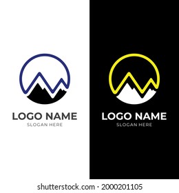 diseño de logotipo de montaña escalada con estilo de color azul y amarillo plano
