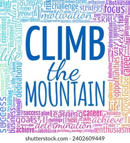 Klettern Sie das Mountain Word Cloud konzeptuelles Design einzeln auf weißem Hintergrund.