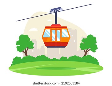 climb the mountains by cable car. orange lift. flat vector illustration.