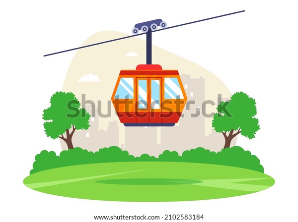 climb the mountains by cable car. orange\
lift. flat vector\
illustration.