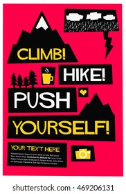 Climb Mountains, Hike Forward, Push Yourself! (Flat Style Vector Illustration Travel Quote Poster Design)
