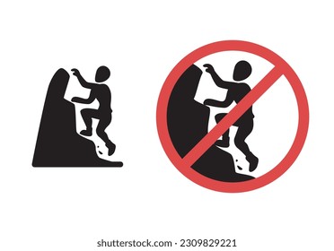 Climb and No Climbing or Hiking Extreme Sport Symbol Set. Mountain Cliff Activity Information Vector 