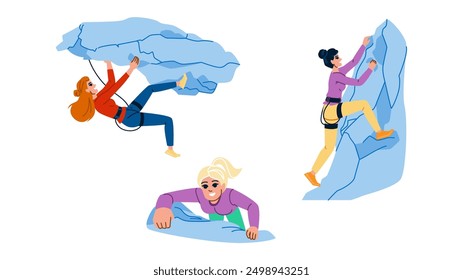 climb rock climbing woman  vector.  climber mountain, girl female, sport outdoor climb rock climbing woman character. people flat cartoon illustration