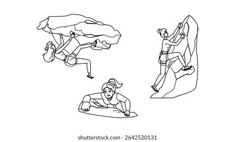 climb rock climbing woman vector. climber mountain, girl female, sport outdoor climb rock climbing woman character. people black line pencil drawing illustration