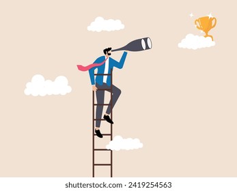 Climb the stairs, binoculars at the cup behind the clouds. Illustrating the journey to business success, the determination to climb the ladder while keeping your sights set on lofty goals.