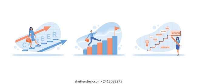 Climb the stairs while carrying a briefcase. Man climbs the chart ladder. Concept of development, growth and career success. Career Development Concept. set flat vector modern illustration 