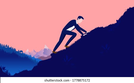 Climb to success - Man working hard and climbing to reach the top of hill with mountain and forest in background. Overcome adversity, Career and personal goals concept. Vector illustration.