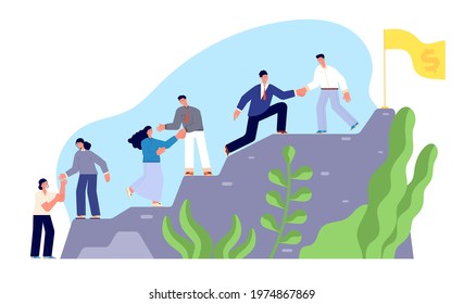 Climb to success. Startup leading partner, hard business climbing motivation. Successful steps of team, challenge mountain and help utter vector concept