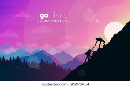 Climb to the top of the mountain. Helping hand. Travel concept of discovering, exploring, observing nature. Hiking tourism. Adventure. Minimalist graphic flyer. Polygonal flat design. Vector 