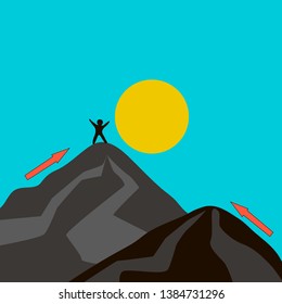 
Climb to the top. Top of the mountain with a red flag. Reaching the goal. The concept of business success. Vector illustration in flat style.