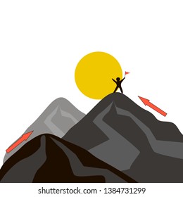 
Climb to the top. Top of the mountain with a red flag. Reaching the goal. The concept of business success. Vector illustration in flat style.