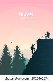 Climb to the top of the mountain. Travel concept of discovering, exploring, observing nature. Hiking tourism. Adventure. Minimalist graphic flyer. Polygonal flat design. Vector illustration