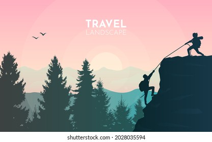 Climb to the top of the mountain. Travel concept of discovering, exploring, observing nature. Hiking tourism. Adventure. Minimalist graphic flyer. Polygonal flat design. Vector illustration