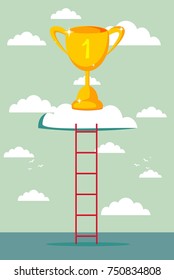 climb to trophy over clouds. Stock flat vector illustration.