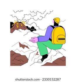 Escalar un volcán aislado ilustraciones vectoriales de dibujos animados. Muchacha viendo una erupción volcánica, negocios de turismo, guía de viajes de aventura, gente viajando y dibujos vectores de montañismo.