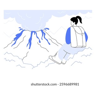 Climb a volcano isolated cartoon vector illustrations. Girl watching a volcanic eruption, tourism business, adventure tour guide, people traveling and mountaineering vector cartoon.