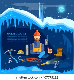 Climber adventure in the mountains study ice caves speleology spelunker extreme sports vector illustration 