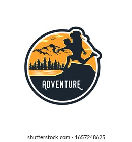 A climber adventurous logo. adventure logo design. A Man are walking through lake and mountain logo design template
