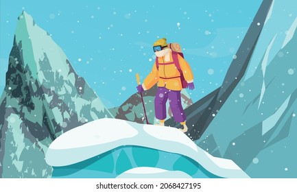 Composición alpinista escalonada con paisaje exterior extremo con montañas nevadas y carácter humano en una ilustración vector de colina