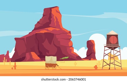 Climber alpinist composition with outdoor desert landscape with red cliffs and wagon with vintage water tower vector illustration