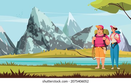 Climber alpinist composition with outdoor landscape and view of lake with mountains and loving couple characters vector illustration