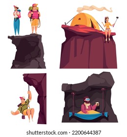 Climber alpinist design concept with four isolated compositions of human characters hanging on cliffs with tent vector illustration