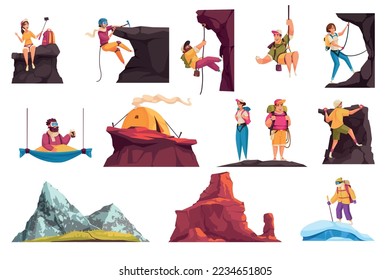 Climber alpinist mountains set of isolated icons with images of cliffs with characters of climbing people vector illustration