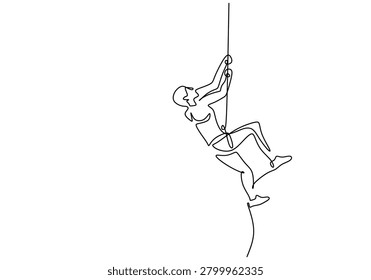Climber ascending rock or mountain using a rope, creating an abstract continuous line art drawing illustrating challenge and progress